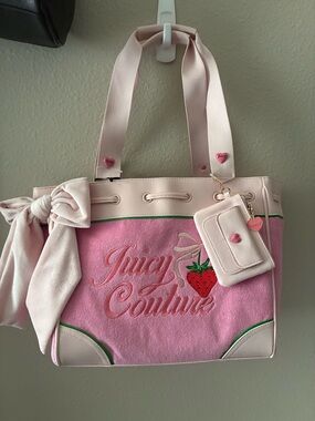 Juicy Couture Pink Strawberry Embroidered Tote with Cardholder Charm